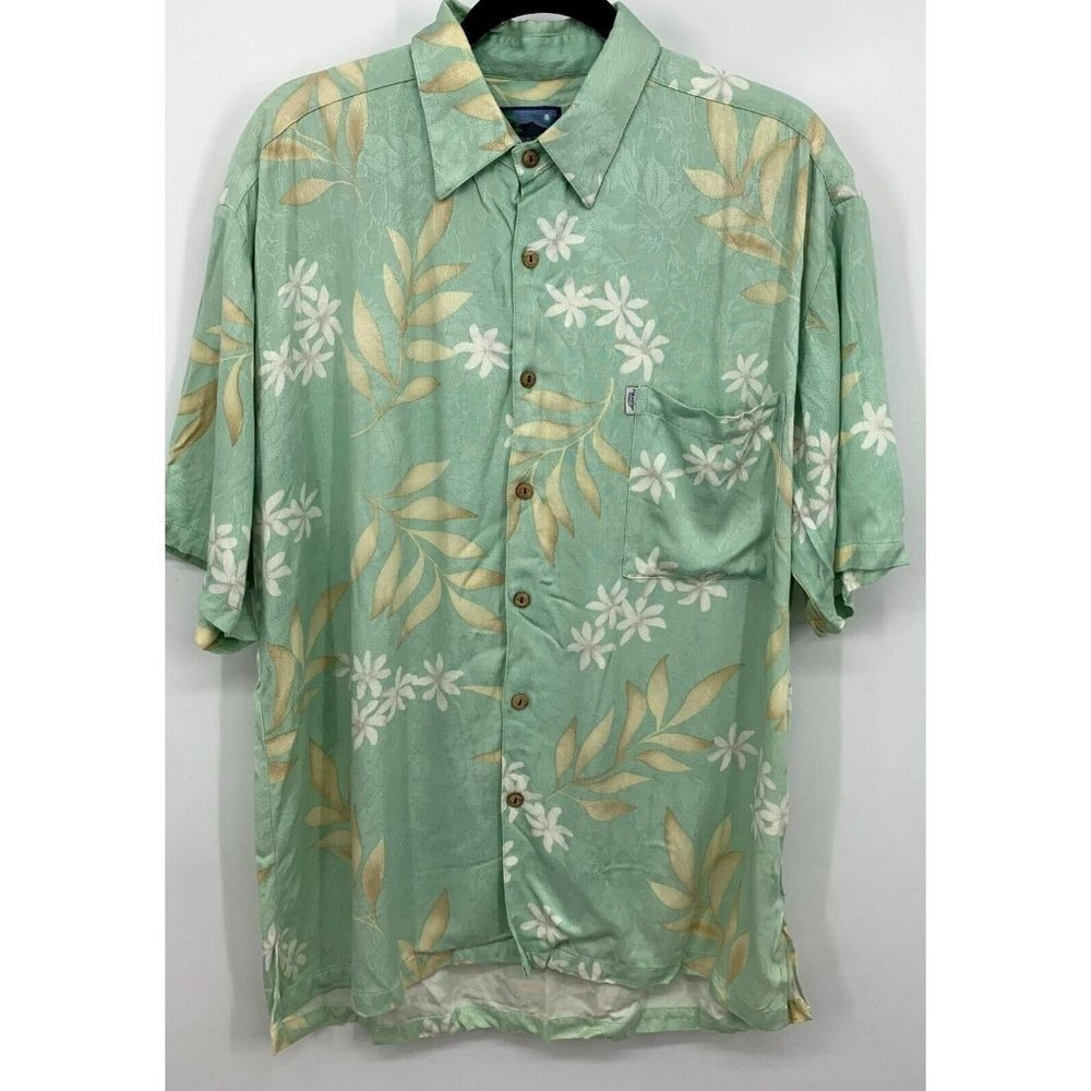 Hawaiian Moon Mens Shirt Size Large L Green Short Sleeve Button Aloha Vacation